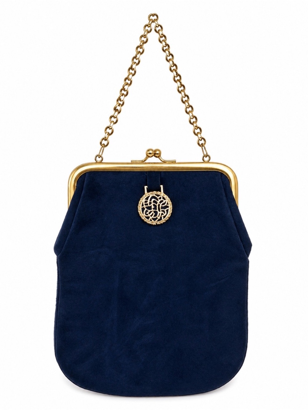 Gold-Accent Navy Suede Evening Clutch with Chain Handle